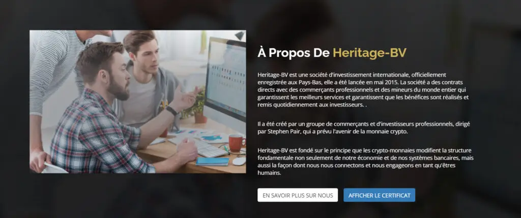 Copie écran de la plateforme frauduleuse heritage bv (heritage-bv.com) arnaque escroquerie cryptomonnaies